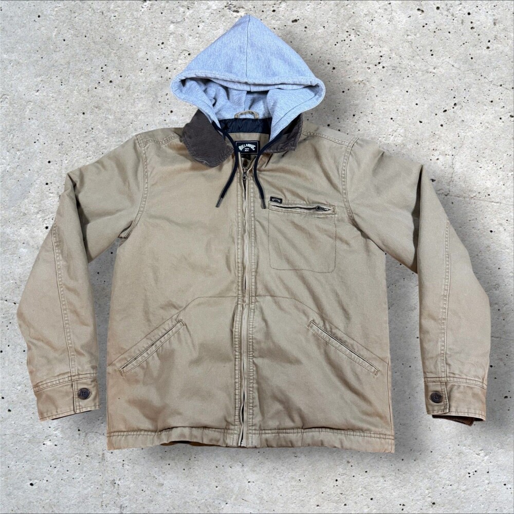 Billabong Hooded Canvas Work Jacket Tan Mens Size S Corduroy Collar Pullover